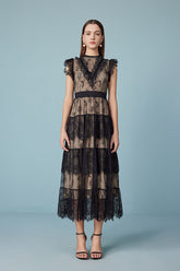 Black Tea Length Lace Cake Dress with Flutter Sleeves